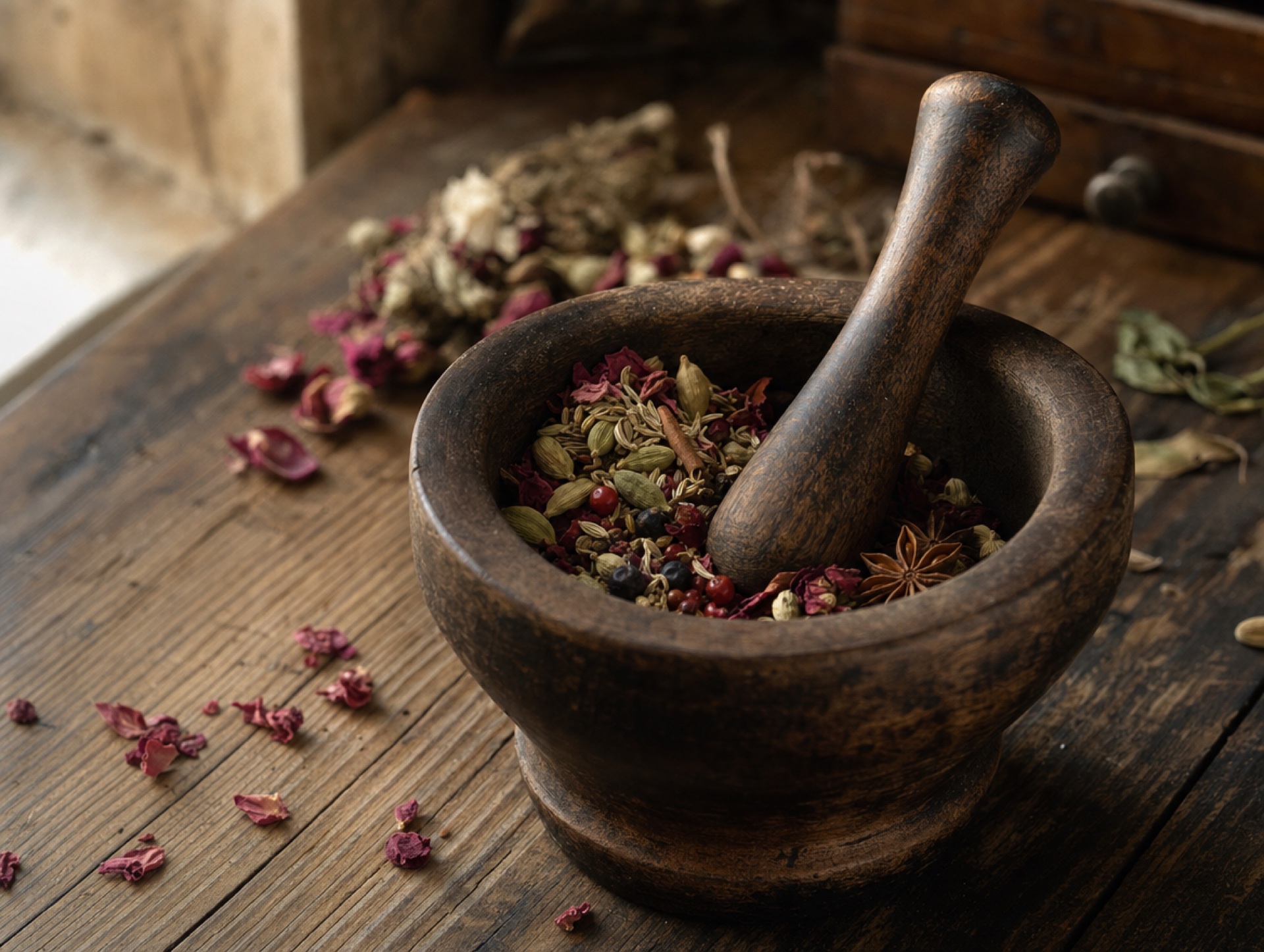 Mörser mit gemischten Botanicals: Kardamom, Rosenblüten, Sternanis