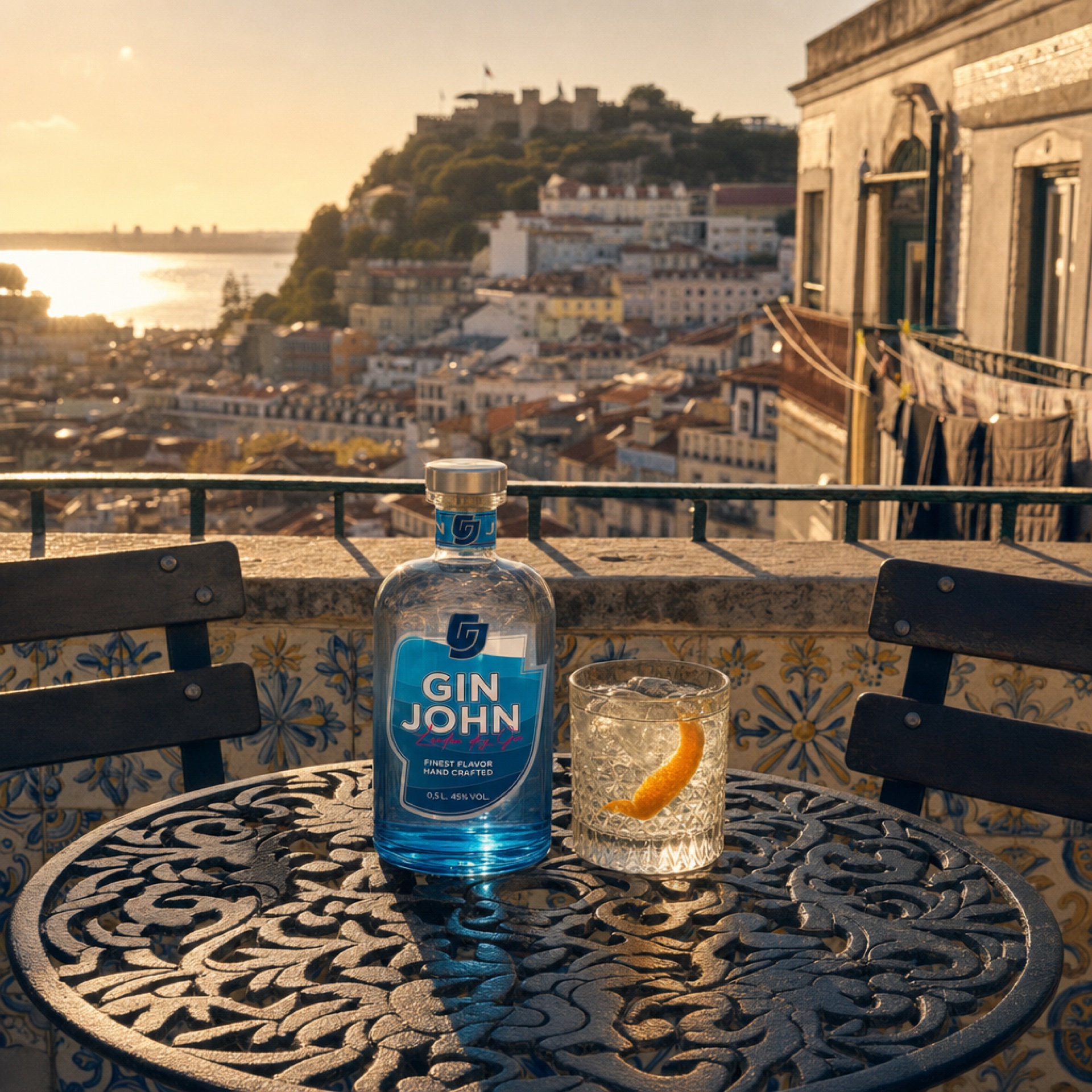 Lissabon Bairro Alto Terrasse mit Gin John bei Sonnenuntergang