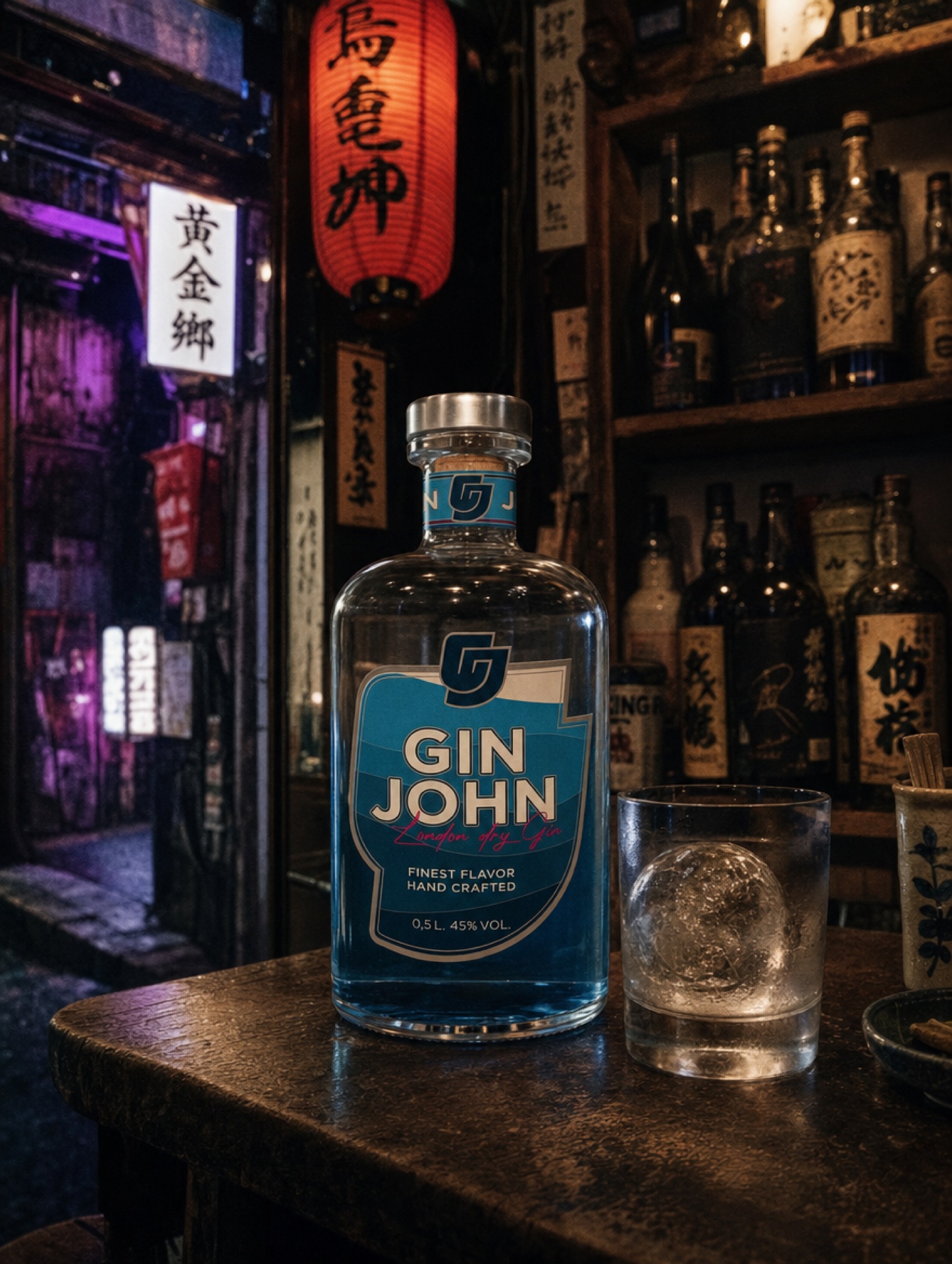 Tokio Golden Gai Bar mit Gin John auf Holztresen und Papierlaterne