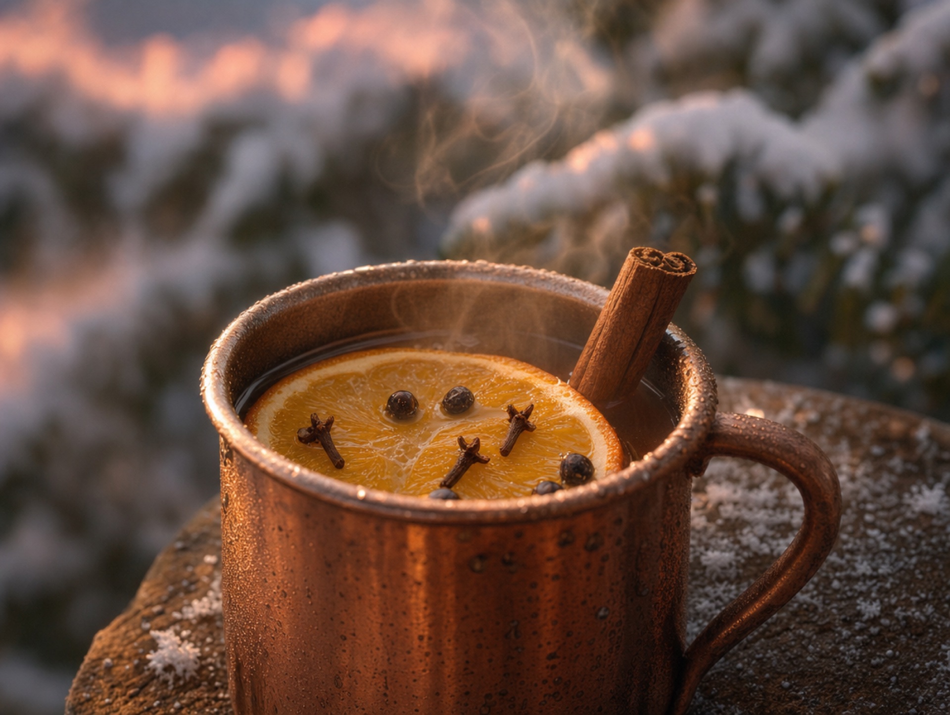 Kupfertasse mit dampfendem Hot Gin Punch im Schnee