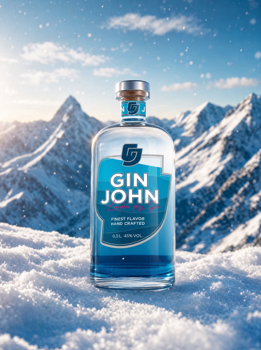 Gin John im Schnee vor dramatischem Bergpanorama mit fallenden Schneeflocken
